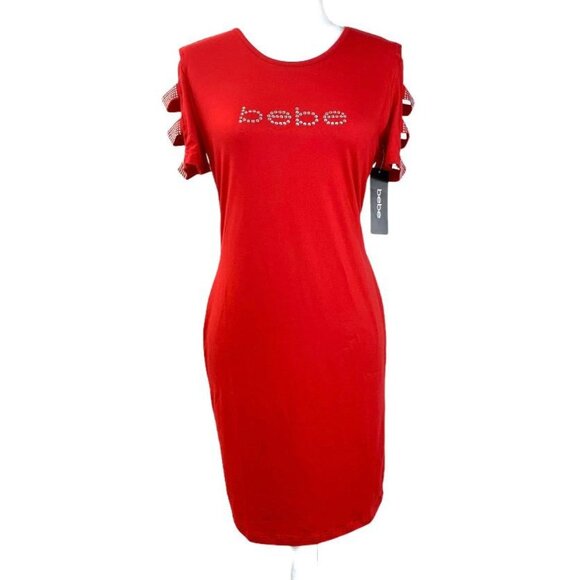 Bebe Scoop Neck Stretch Bodycon Women's Mini Dress True Red Size M - Picture 1 of 11